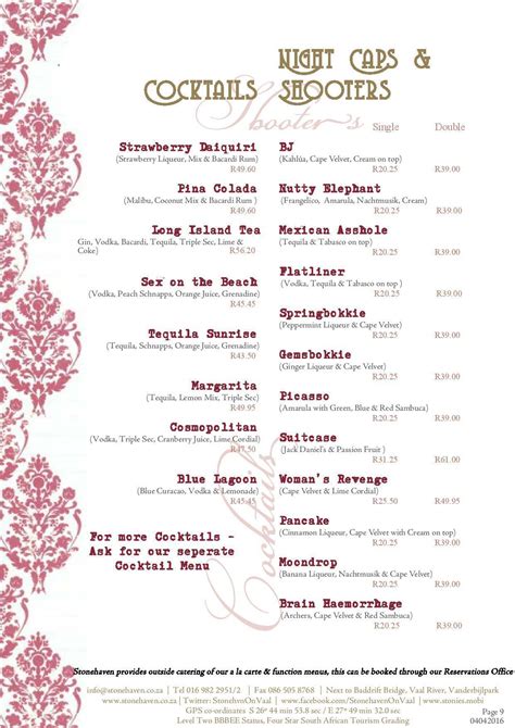 Menu at Stonehaven on Vaal restaurant, Vanderbijlpark