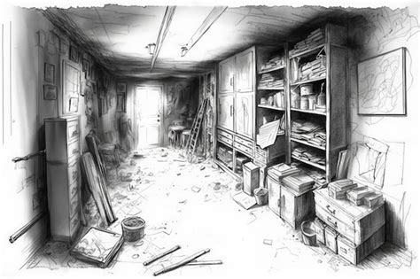 Basement filled with clutter pencil sketch of an empty basement ...