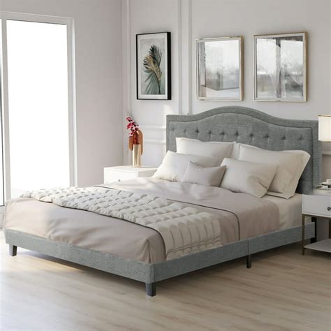 EUROCO Classic Tufted Linen Upholstered King Size Platform Bed with Headboard and Wood Slat ...