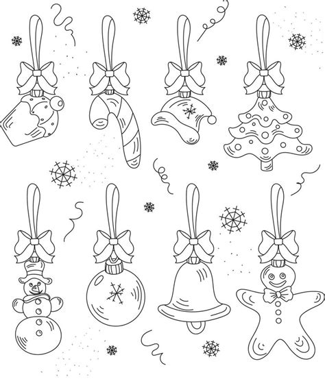 Vector doodle set of Christmas tree decoration items, black line on white background 14601821 ...