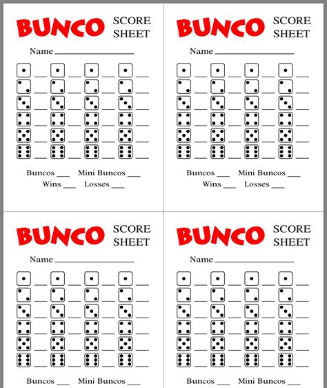 Printable Template Bunco Score Sheets