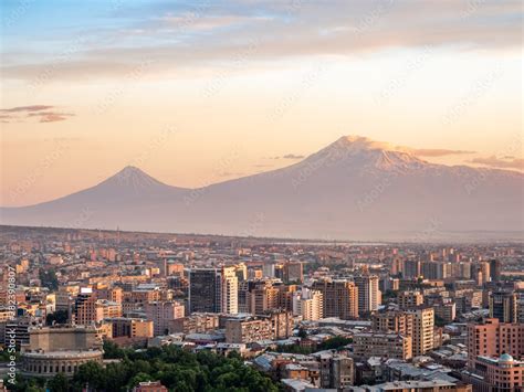 Yerevan buildings and Mount Ararat on summer evening Stock Photo ...