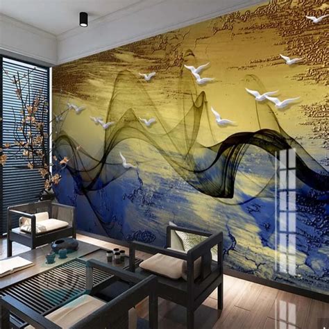 3D Abstract Stripe Bird Gold Wallpaper Mural Wall Murals Decals for ...