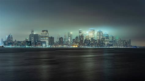 NYC skyline shot from Hoboken, NJ. The fog made the lights look pretty ...