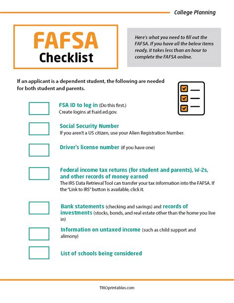 FAFSA Checklist Informational Sheet – TRIO Printables