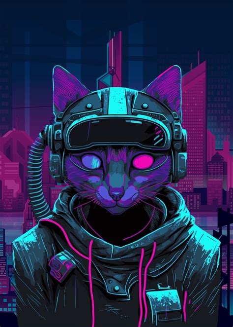 'cyberpunk cat' Poster, picture, metal print, paint by marshmellow 21 | Displate