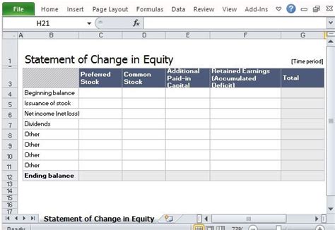 Statement Of Change in Equity Template For Excel