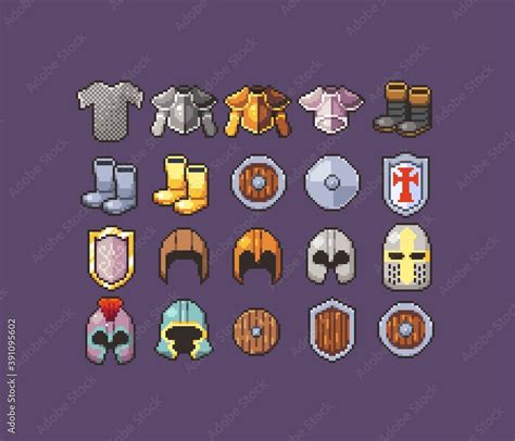 Pixel Art Armor Icons containing chest plate, helmet, boots, shields ...