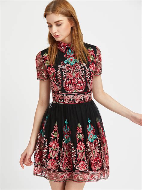 Embroidered Mesh Overlay Skater Dress -SheIn(Sheinside)