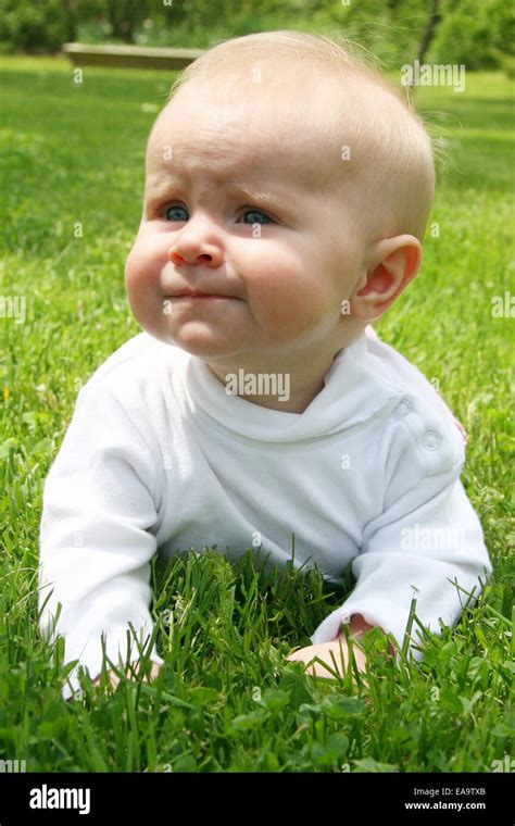 Little Baby Girl in green grass in summer Stock Photo - Alamy