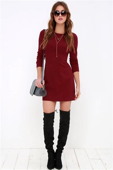 Classic Wine Red Dress - Long Sleeve Dress - A-Line Dress - $48.00