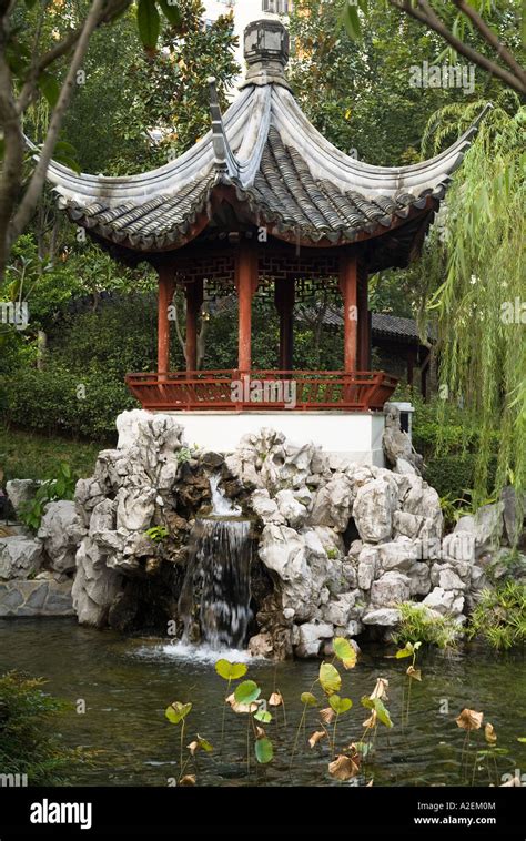 dh Kowloon Walled City Park KOWLOON PARK HONG KONG Chinese Pagoda with waterfall and pond ...