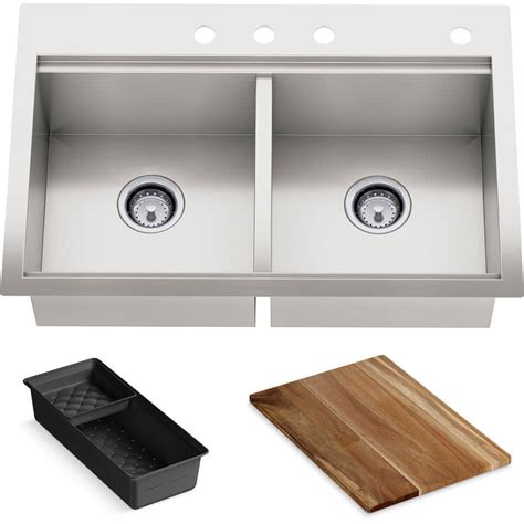 KOHLER Lyric Dual Mount Workstation Stainless Steel 33 in 4-Hole Double Bowl Kitchen Sink with ...