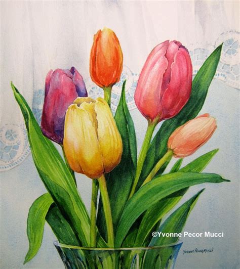 a painting of tulips in a glass vase