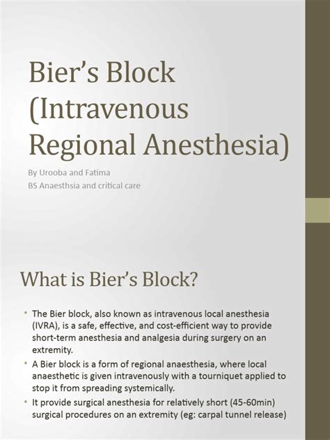 Bier’s Block (Intravenous Regional Anesthesia) | PDF | Anesthesia | Intravenous Therapy