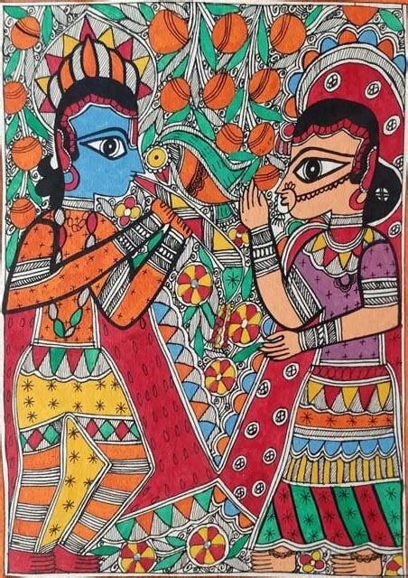 Handmade Mithila or Madhubani Painting of Lovely Radha-Krishna (Made t