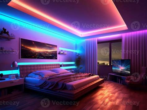 3D modern bedroom with multicolored led strip lights generative ai ...