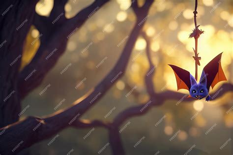 Premium Photo | Bat hanging on a tree branch in green foliage under rays of sunlight 3d illustration