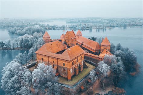 aerial view, castle, Lithuania, island, winter, mist, Trakai Island Castle, ice, frost, Trakai ...