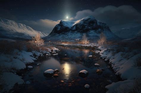 Premium Photo | Snow covered mountains with a river at night