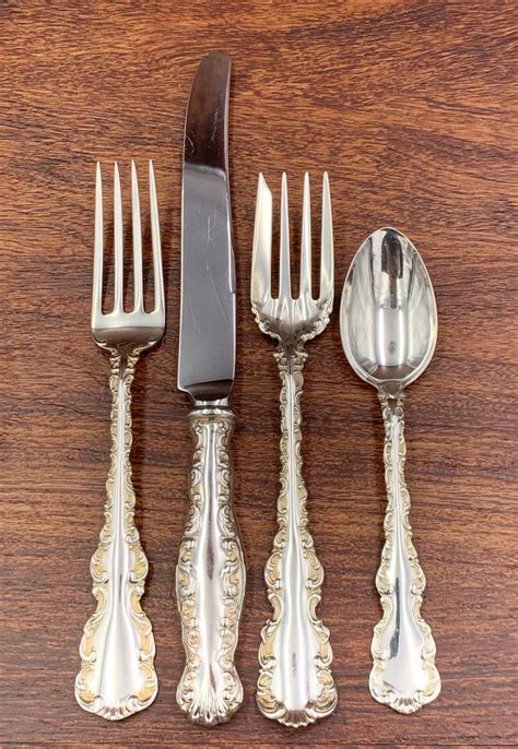 Antique Sterling Silverware set, Gorham Service for 8, Ornate Sterling Silver Flatware with Wood ...