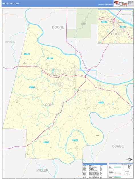 Cole County, MO Zip Code Wall Map Basic Style by MarketMAPS - MapSales