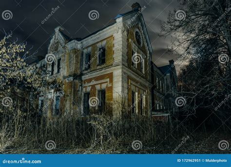 Dark And Creepy Old Abandoned Haunted Mansion At Night. Former Karl Von ...