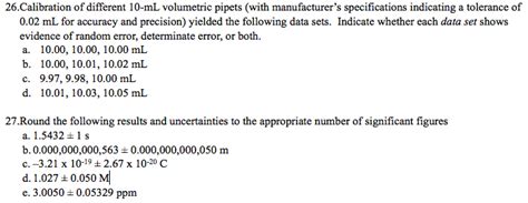 Solved 26.Calibration of different 10−mL volumetric pipets | Chegg.com