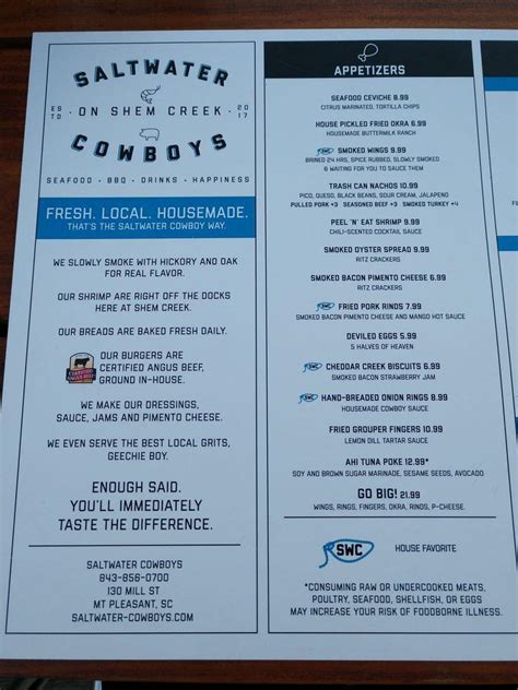 Menu at Saltwater Cowboys BBQ, Mount Pleasant