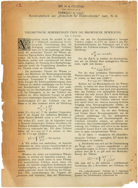 An Einstein offprint on Brownian motion: Hans Albert Einstein's copy, Albert Einstein. 1907 ...