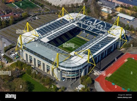 Aerial view of the football stadium BVB Signal Iduna Park and stadium Rote Erde in Dortmund in ...