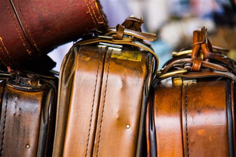 Vintage Brown Leather Suitcases. Stock Image - Image of background, pack: 121963249