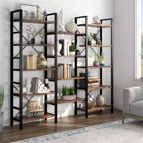 Tribesigns Industrial Large 5-Tier Bookshelves for Display and Storage, Modern Triple Wide 14 ...