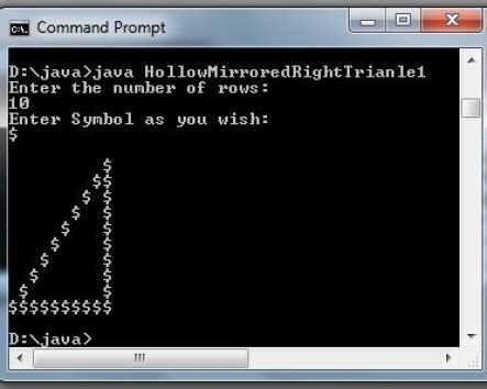 Hollow Mirrored Right Triangle Star Pattern in Java - Code for Java c