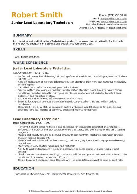 Lead Laboratory Technician Resume Samples | QwikResume