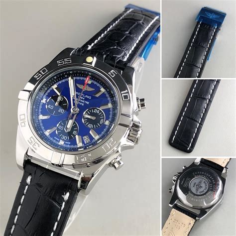 Breitling Chronomat Blue Dial with Black Leather Strap Watch - ALLBRANDEDWATCHES.COM