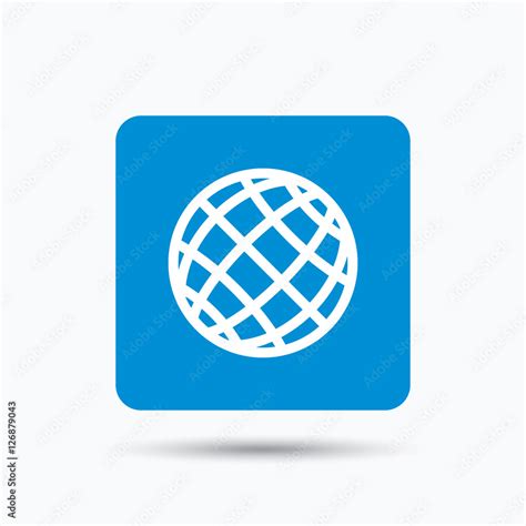 Globe icon. World or internet symbol. Blue square button with flat web ...