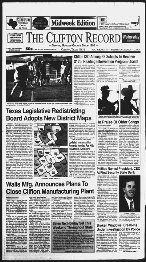 The Clifton Record (Clifton, Tex.), Vol. 106, No. 61, Ed. 1 Wednesday, August 1, 2001 - The ...