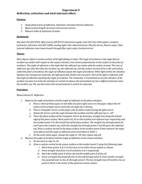 Experiment 9: Reflection, Refraction, and Total Internal Reflection Lab Report Example ...