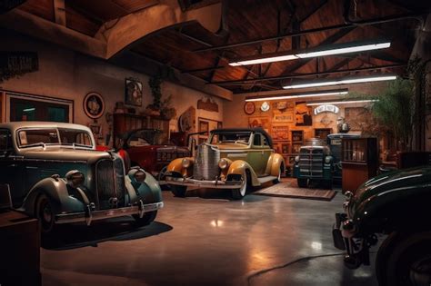 Premium AI Image | Old garage with vintage cars and classic decor in ...