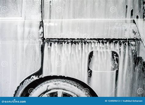 Car Wash with Soap. Black Car Covered by Foam. Stock Image - Image of ...