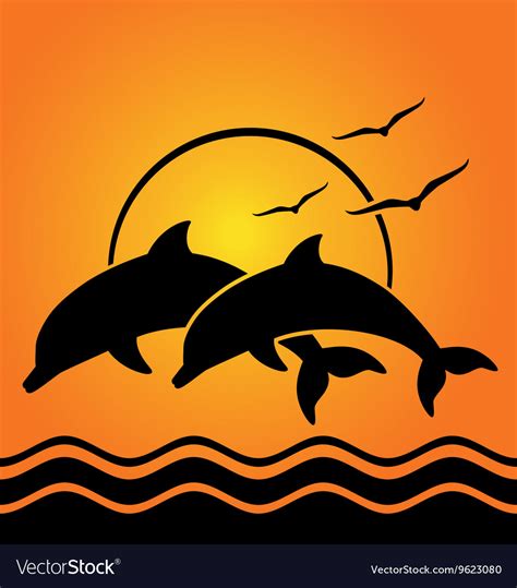 Dolphin silhouettes on sunset background Vector Image