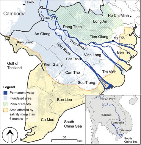 Map of Mekong Delta with provinces, flood-prone areas, and brackish... | Download Scientific Diagram