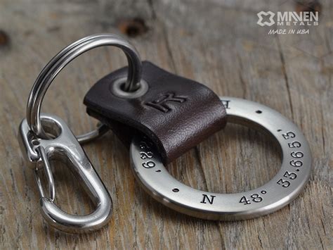 Mens Personalized Leather Keychain Latitude by MavenMetalsInc