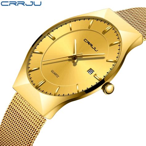 Gold Full Steel Wrist Watch Fashion Brand CRRJU Mens Watch Quartz Ultra ...