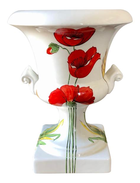 Mid 20th Century Red Poppy Flower Italian Pottery Urn | Chairish
