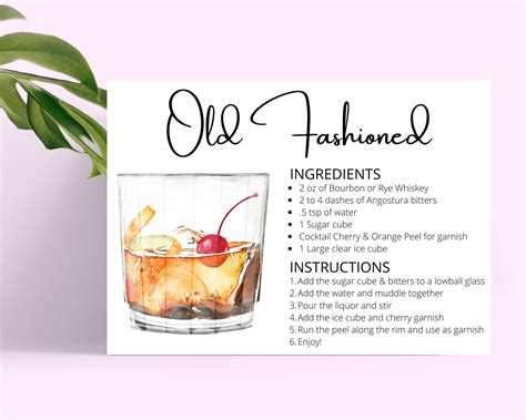 Old Fashioned DIGITAL DOWNLOAD Cocktail Recipe Card, Cocktail Recipe ...