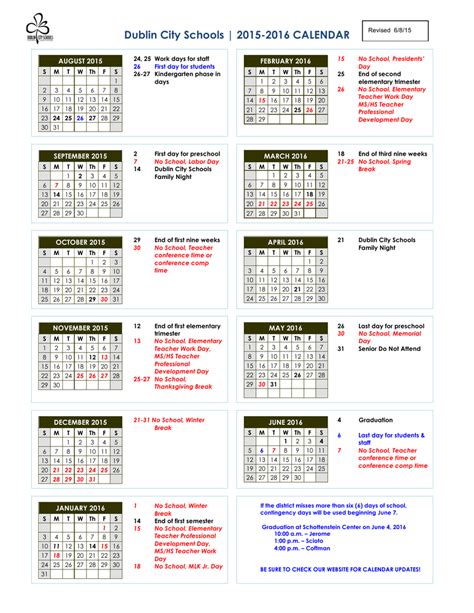 Dublin City Schools | 2015-2016 CALENDAR AUGUST 2015 FEBRUARY 2016