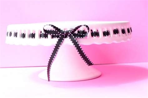 CAKE STAND / White Glass With Black Stitch Ribbon / Wedding Decor / Cake Pedistal / Desert Stand ...