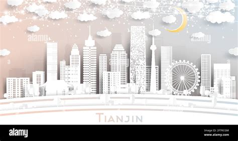 Tianjin China City Skyline in Paper Cut Style with White Buildings, Moon and Neon Garland ...